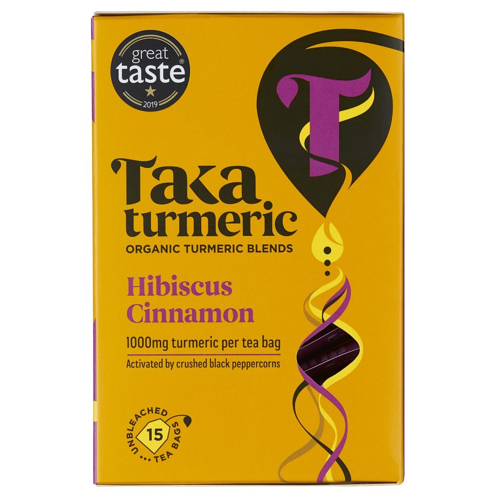 Taka turmerik verðlaunte með hibiscus og Ceylon kanil! 1000 mg af túrmeriki í hverjum tepoka