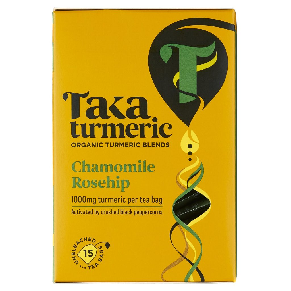 Taka turmerik verðlaunte með kamillu og rosehip ! 1000 mg túrmeriki í hverjum tepoka